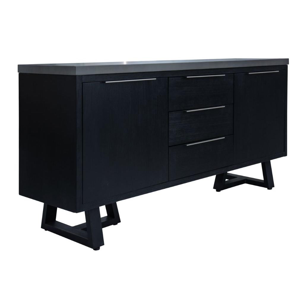 ANTHEA 2-TONE CONCRETE & ACACIA BUFFET SIDEBOARD 3 DRAWERS 2 DOORS GREY TOP BLACK LEGS