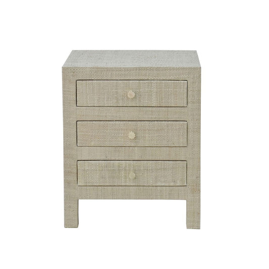 SWANN MAHOGANY FRAME RAFFIA 3 DRAWER BEDSIDE TABLE NIGHTSTAND END TABLE