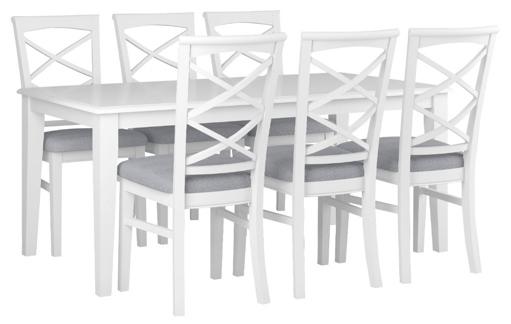 LUGANO HAMPTONS STYLE ACACIA 7 PIECE DINING SET DINING TABLE 180CM + 6 FABRIC SEAT DINING CHAIRS