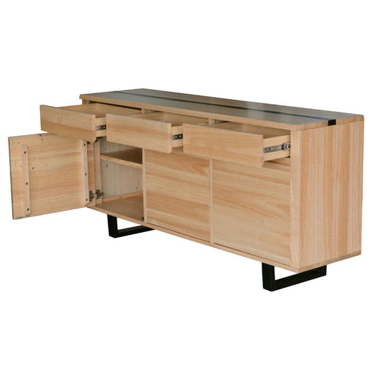 AXWYN SOLID RUBBERWOOD BUFFET/SIDEBOARD 3 DRAWERS/3 DOORS NATURAL/BLACK LEGS - MyChocolateWood