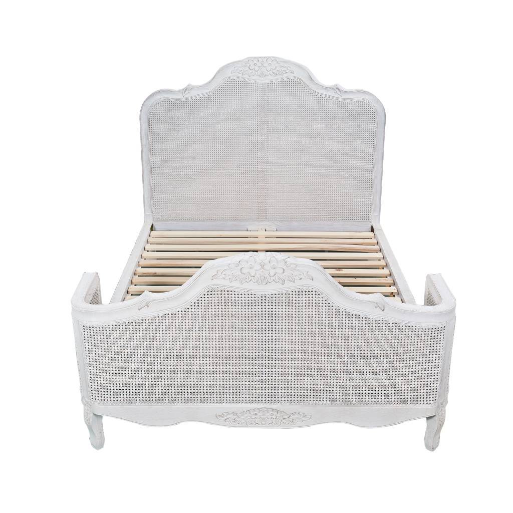 CLARENCE VINTAGE HAND CARVED OAK QUEEN BED LIGHTLY DISTRESSED WHITE