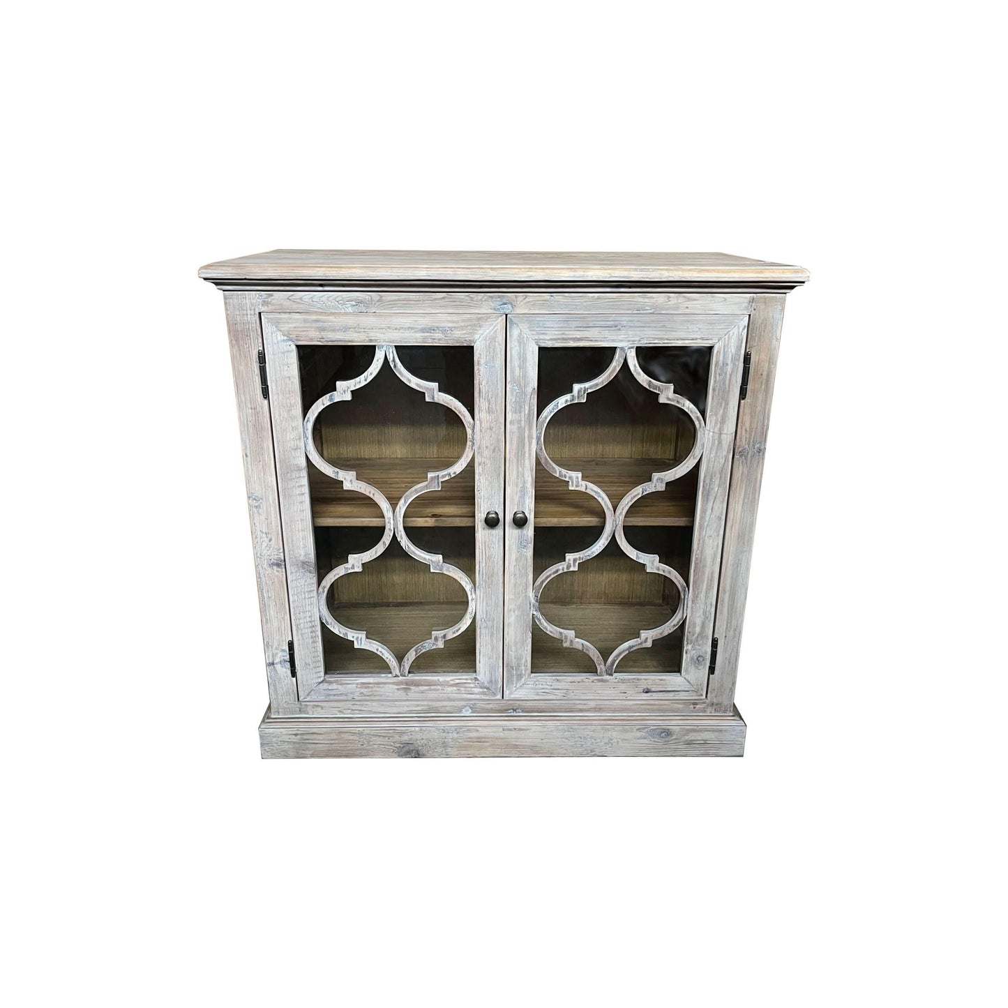 REINA GREYWASHED RECYCLED TIMBER/GLASS PANELS 2-DOOR CABINET CUPBOARD