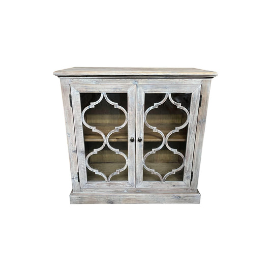 REINA GREYWASHED RECYCLED TIMBER/GLASS PANELS 2-DOOR CABINET CUPBOARD