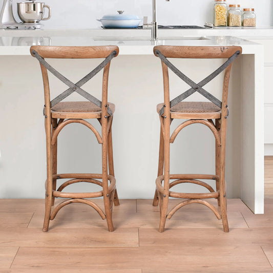 MALMO CROSS BACK OAK BAR STOOL WITH GREY METAL STRAPS