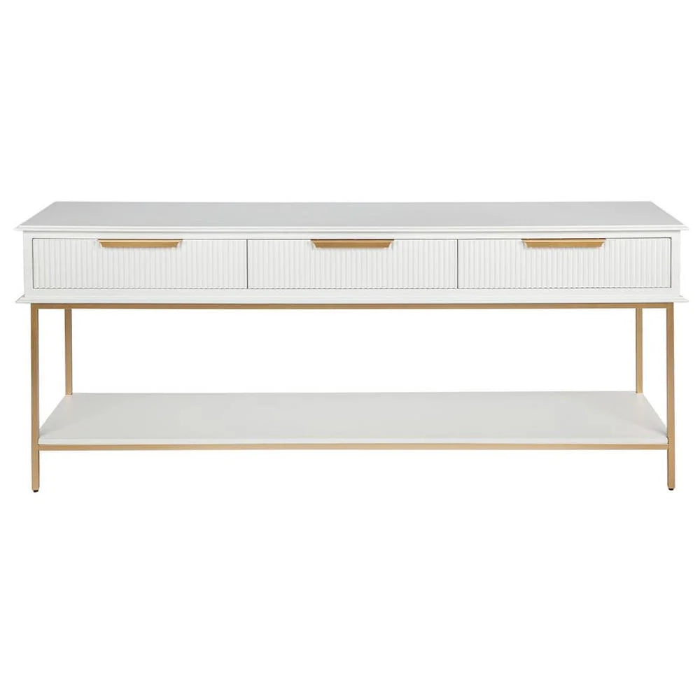 MORETTI 3-DRAWER CONSOLE TABLE/HALL TABLE SATIN WHITE  & GOLD LARGE
