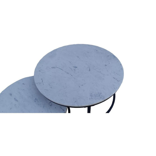 PEARSE SET OF 2 COFFEE TABLES WHITE MARBLE TOP/BLACK METAL LEGS