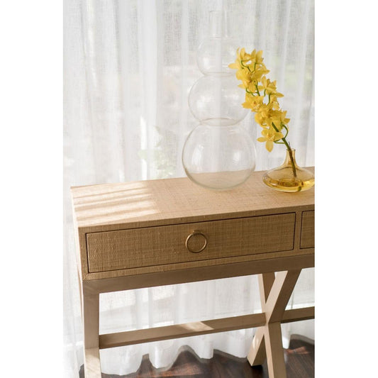 MONFORT MAHOGANY FRAME RAFFIA WRAPPED HALL TABLE/CONSOLE TABLE 2 DRAWERS SANDBAR