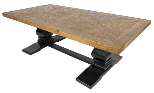 SORANZO MANGO WOOD COFFEE TABLE HANDCRAFTED PARQUET TOP OAK/BLACK 135CM FRENCH PROVINCIAL