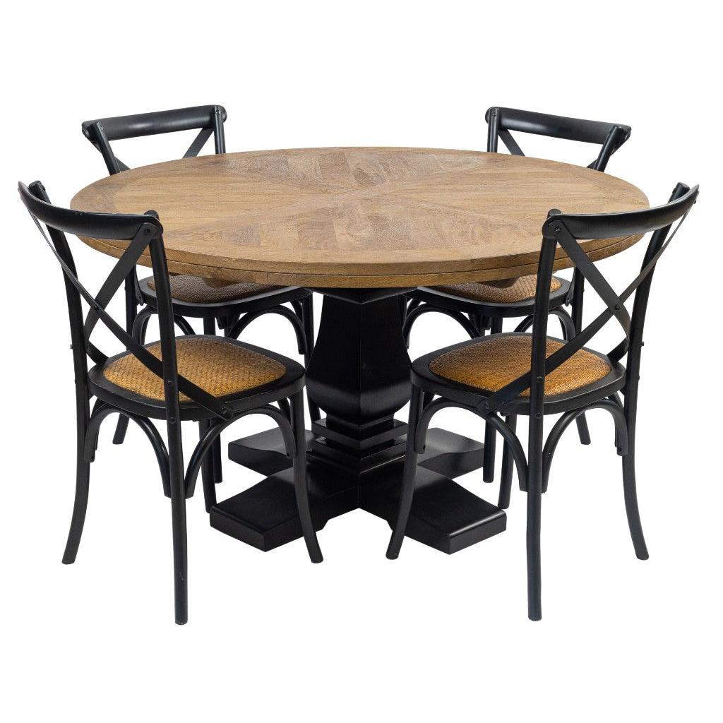 SORANZO MANGO WOOD ROUND DINING TABLE HANDCRAFTED PARQUET TOP OAK/BLACK 135CM FRENCH PROVINCIAL