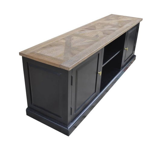 SORANZO MANGO WOOD 2-DOOR 1 SHELF ETU TELEVISION UNIT HANDCRAFTED PARQUET TOP OAK/BLACK