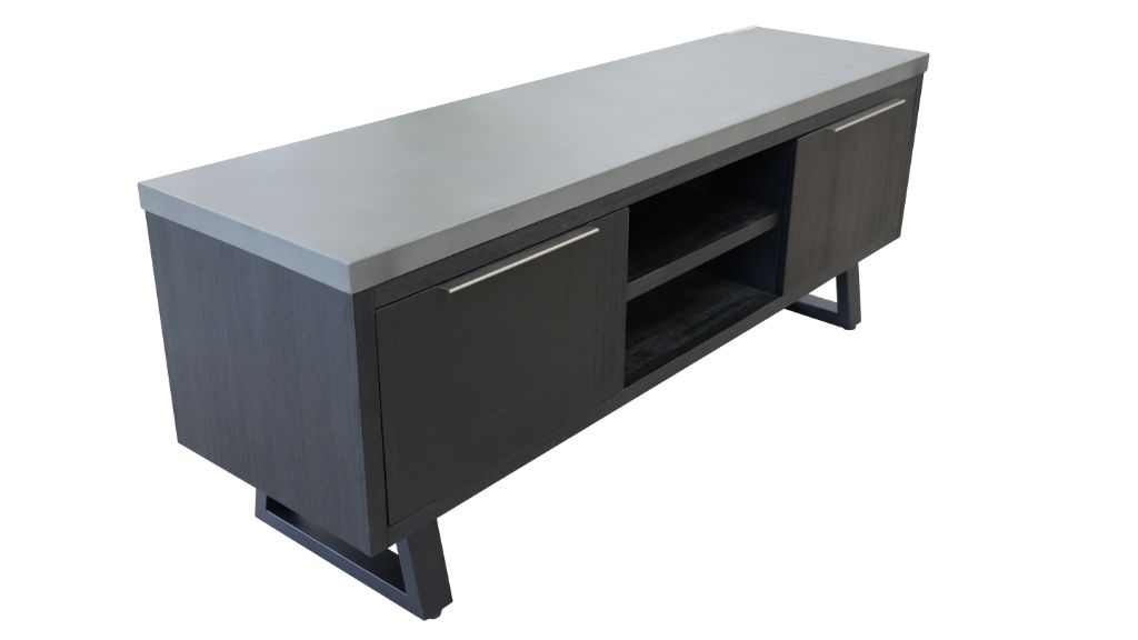 ANTHEA 2-TONE CONCRETE & ACACIA ETU TELEVISION UNIT 2 DOORS 1 DRAWER GREY TOP BLACK LEGS