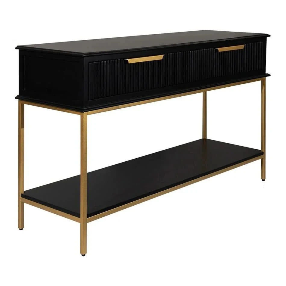 MORETTI 2-DRAWER CONSOLE TABLE/HALL TABLE SATIN BLACK  & GOLD SMALL