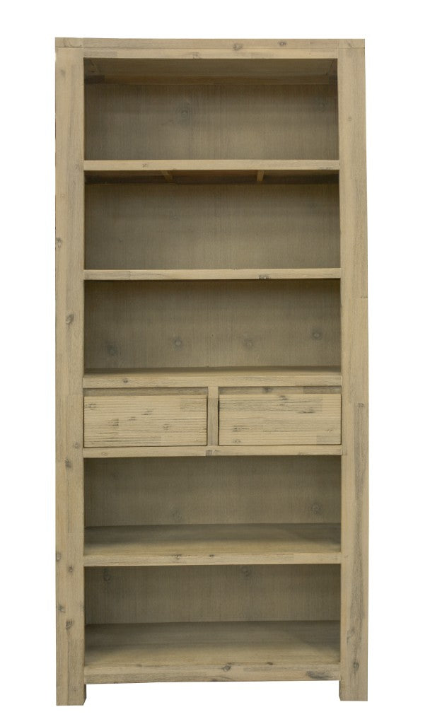 RIPLEY SOLID ACACIA TIMBER 2-DRAWER 5-SHELF BOOKCASE BOOKSHELF BRUSHED SMOKE