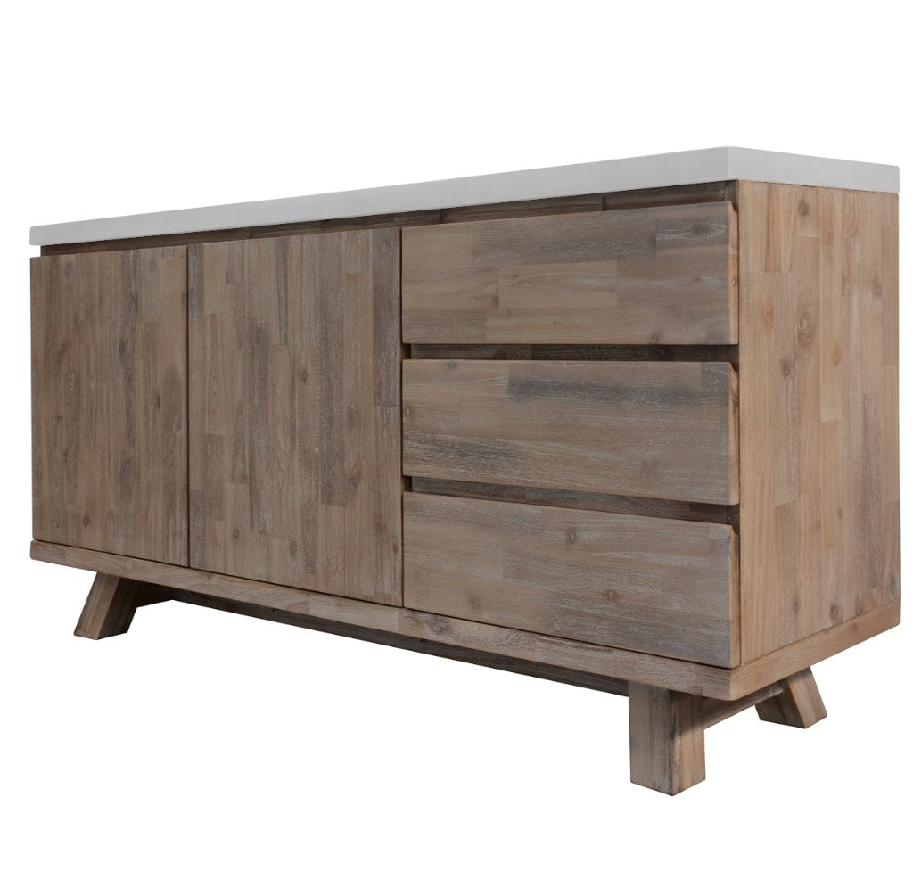 ROSALI 2-TONE WHITE CONCRETE TOP & SOLID ACACIA PEWTER BUFFET SIDEBOARD 3 DRAWERS 2 DOORS