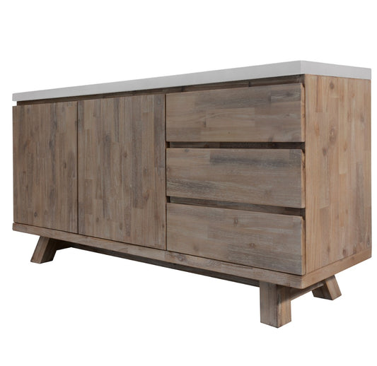 ROSALI 2-TONE WHITE CONCRETE TOP & SOLID ACACIA PEWTER BUFFET SIDEBOARD 3 DRAWERS 2 DOORS