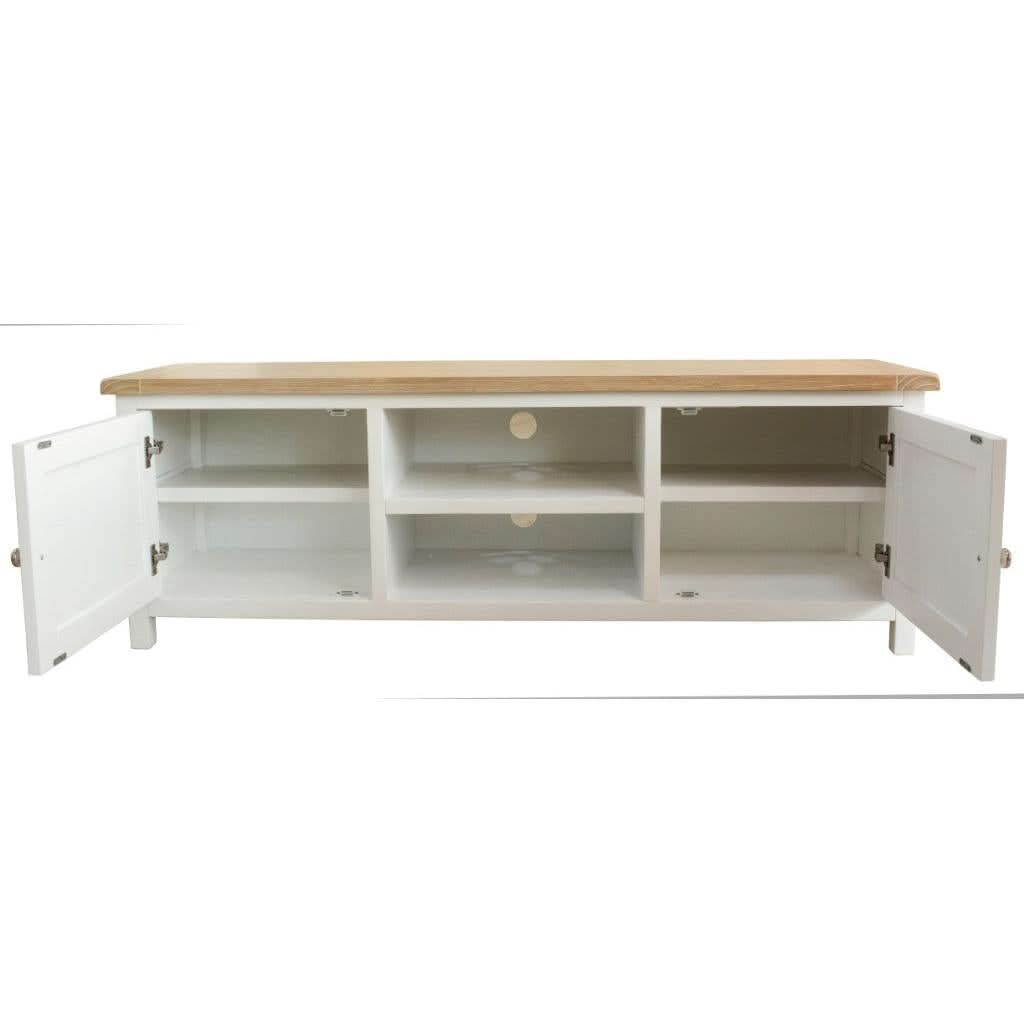 CHRISTA HAMPTON SOLID ACACIA 2-DOOR 2 NICHE TV UNIT LIGHT OAK TOP/WHITE BASE