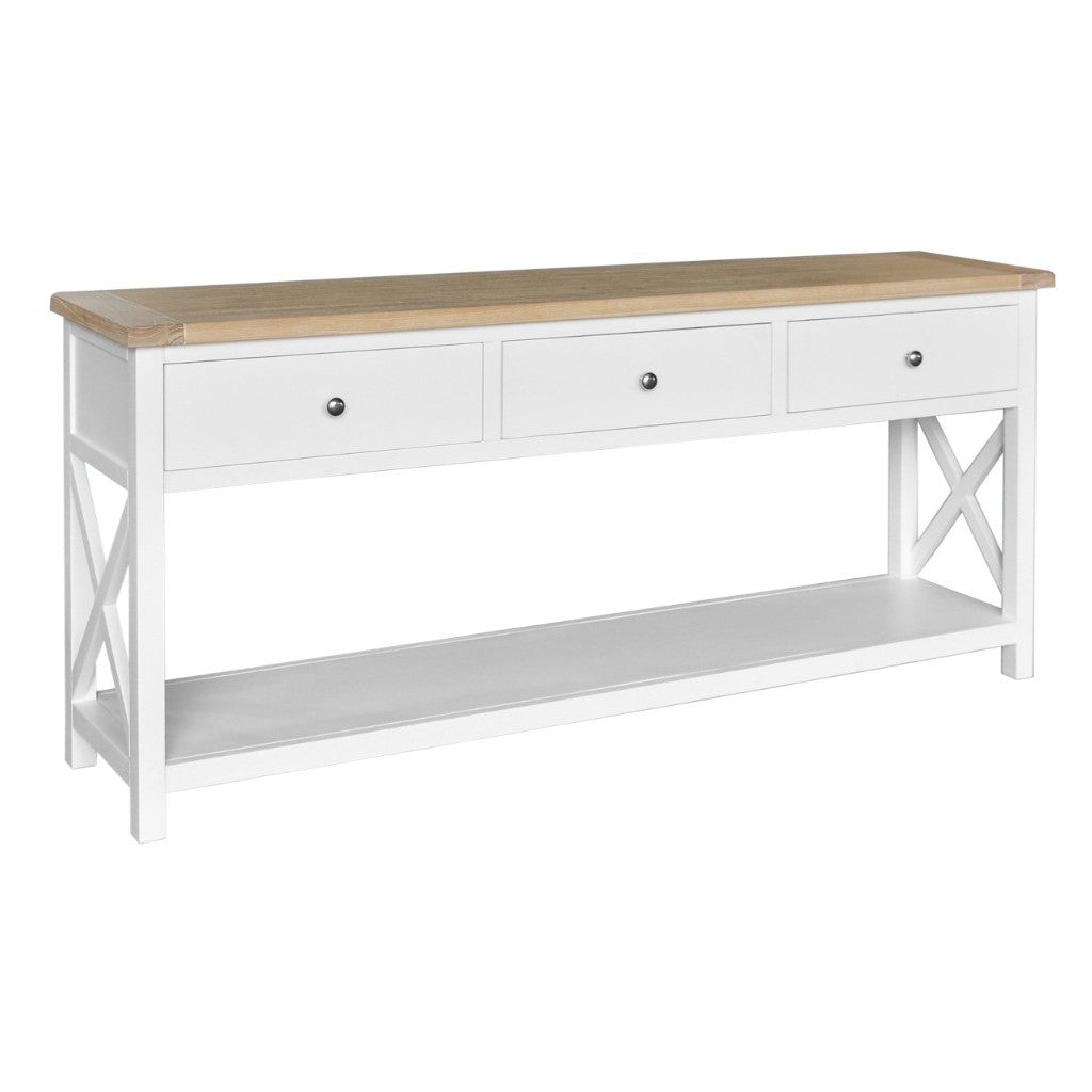 CHRISTA HAMPTON SOLID ACACIA 3-DRAWER CONSOLE TABLE HALL TABLE LIGHT OAK/WHITE