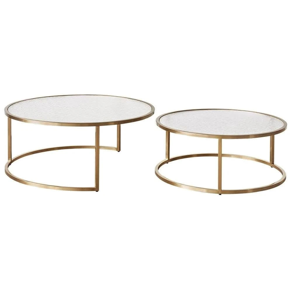 CLAUDIA SET OF 2 ROUND RIPPLED GLASS & GOLD NESTING COFFEE TABLES