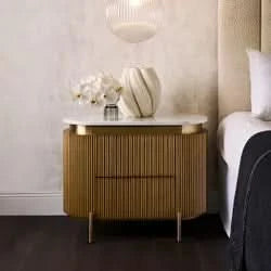 DENEUVE BEDSIDE TABLE ANTIQUE GOLD WITH CARRARA MARBLE TOP