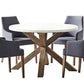 ROSALI 2-TONE WHITE CONCRETE TOP & SOLID ACACIA PEWTER 5 PIECE DINING SET: 1 ROUND DINING TABLE 120CM & 4 DINING ARMCHAIRS
