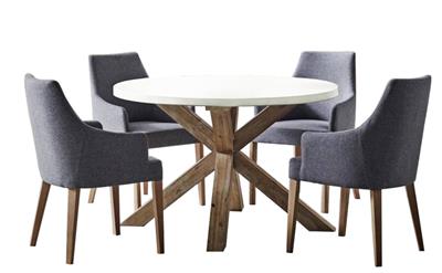 ROSALI 2-TONE WHITE CONCRETE TOP & SOLID ACACIA PEWTER 5 PIECE DINING SET: 1 ROUND DINING TABLE 120CM & 4 DINING ARMCHAIRS