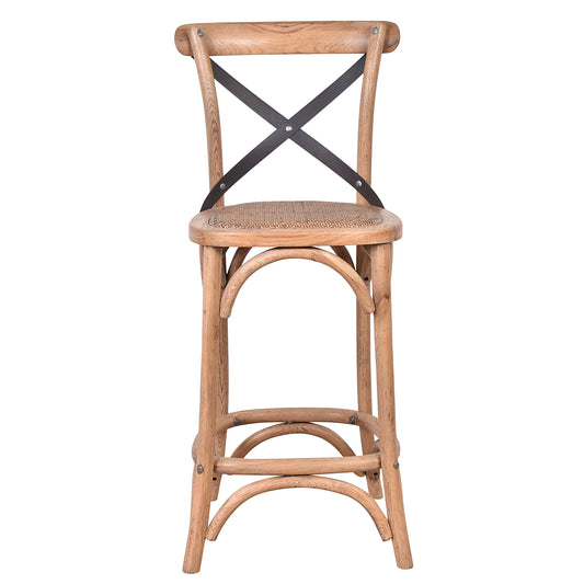 MALMO CROSS BACK OAK BAR STOOL WITH DARK METAL STRAPS
