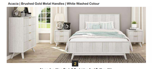 NOVAK 4 PIECE SOLID ACACIA BEDROOM SUITE: KING BED, 2XBEDSIDES, TALLBOY WHITEWASHED