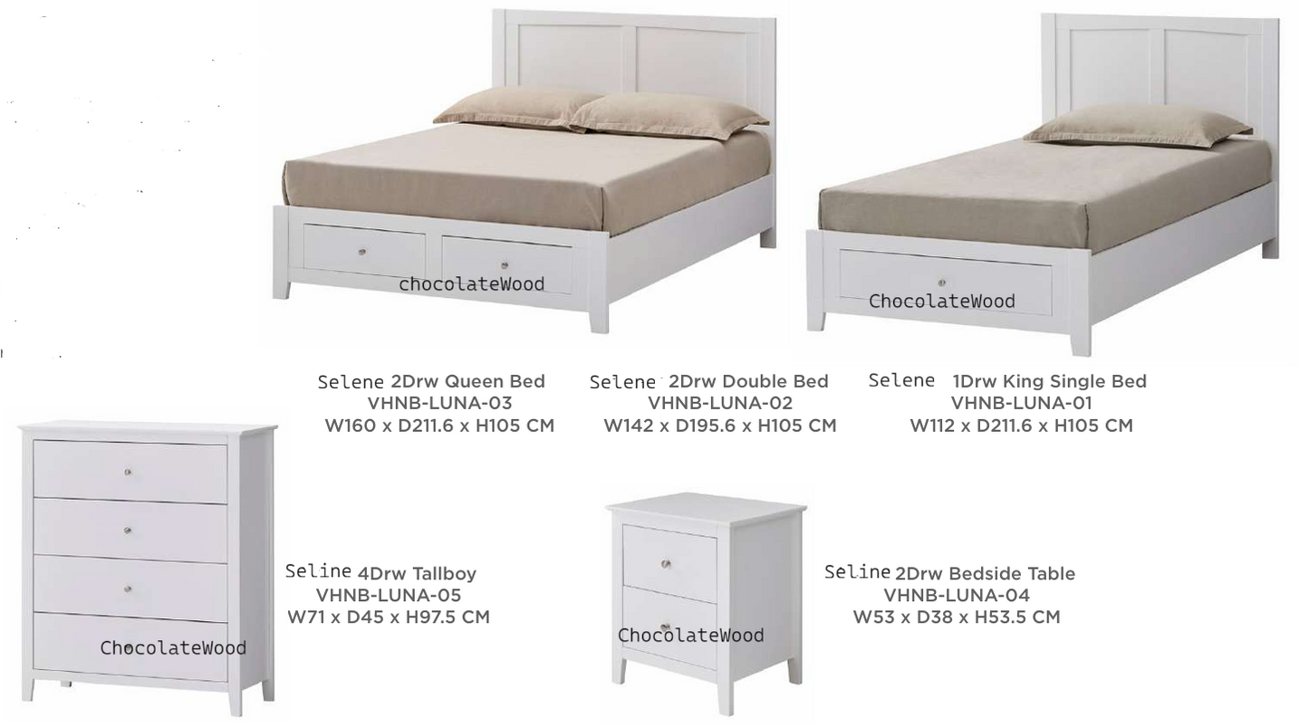 SELENE RUBBERWOOD 4 PIECE BEDROOM SUITE: 2-DRAWER QUEEN BED 2 BEDSIDE TABLES TALLBOY