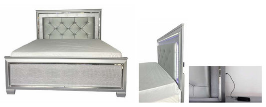 ELARA  RUBBERWOOD KING BED WITH LED LIGHT - SILVER