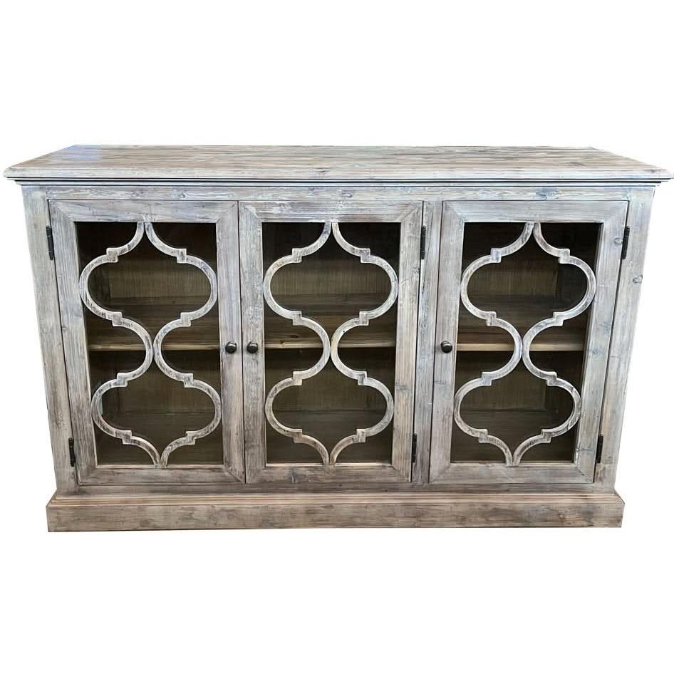 REINA GREYWASHED RECYCLED TIMBER/GLASS 3-DOOR BUFFET/SIDEBOARD