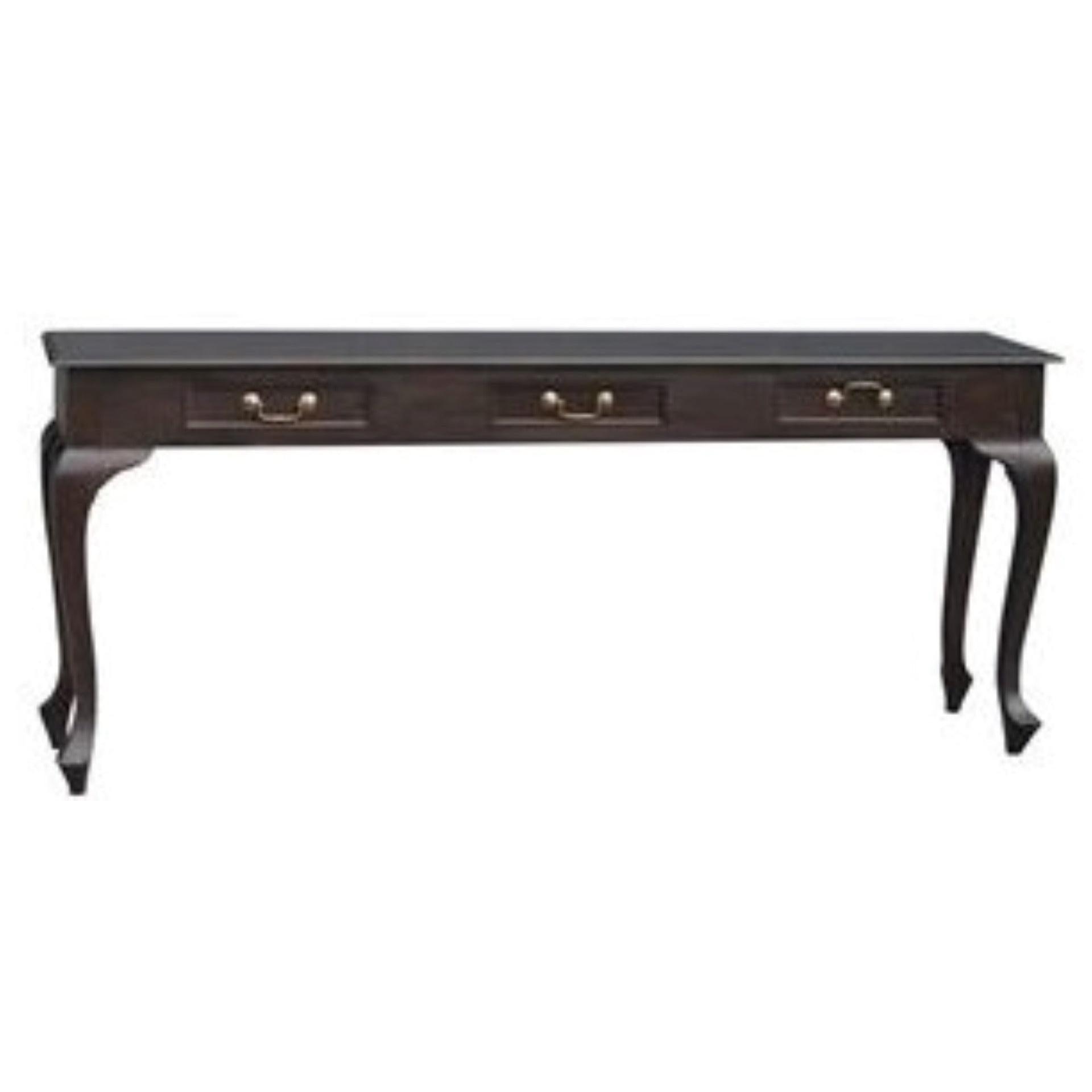 STEWART QUEEN ANN STYLE SOLID MAHOGANY 3 DRAWERS 180CM CONSOLE TABLE IN CHOCOLATE