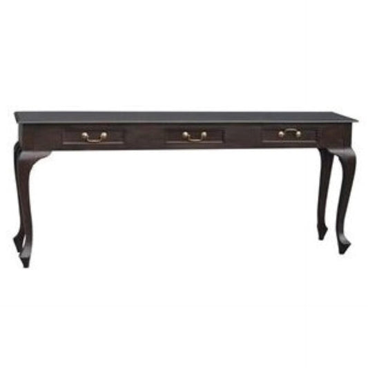 STEWART QUEEN ANN STYLE SOLID MAHOGANY 3 DRAWERS 180CM CONSOLE TABLE IN CHOCOLATE