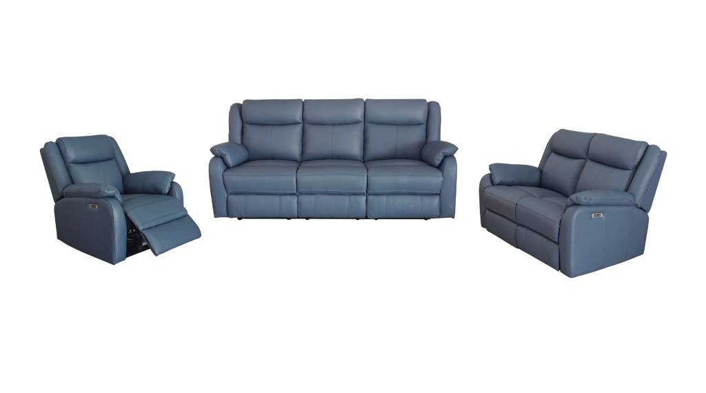 BARRON GENUINE MURANO LEATHER 3-SEATER  2-SEATER + 1 SINGLE RECLINER ARMCHAIR  LOUNGE SUITE MARINE BLUE