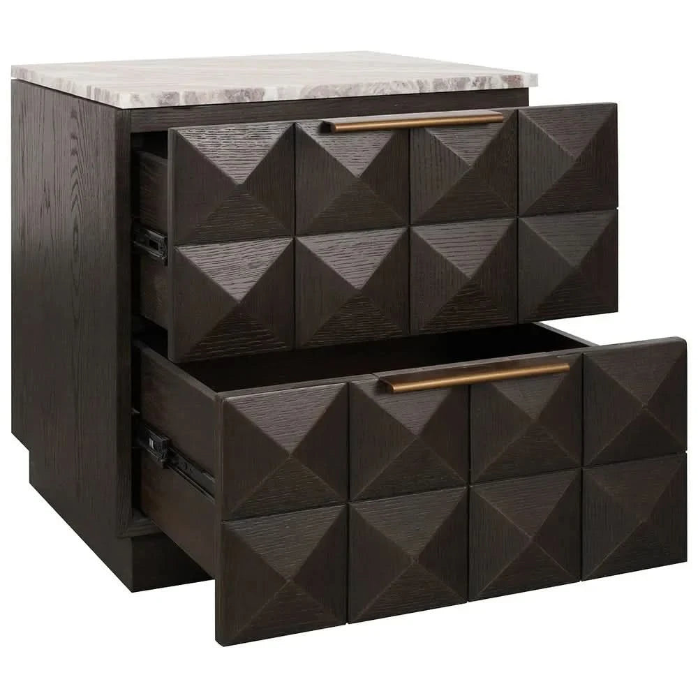 HAMPSHIRE RIVER BROWN MARBLE/SMOKED OAK 2-DRAWER BEDSIDE TABLE