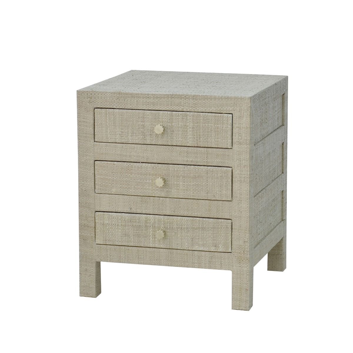 SWANN MAHOGANY FRAME RAFFIA 3 DRAWER BEDSIDE TABLE NIGHTSTAND END TABLE