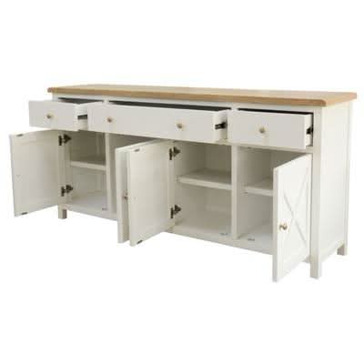 CHRISTA HAMPTON SOLID ACACIA 4-DOOR 3 DRAWER BUFFET SIDEBOARD LIGHT OAK TOP/  WHITE BASE