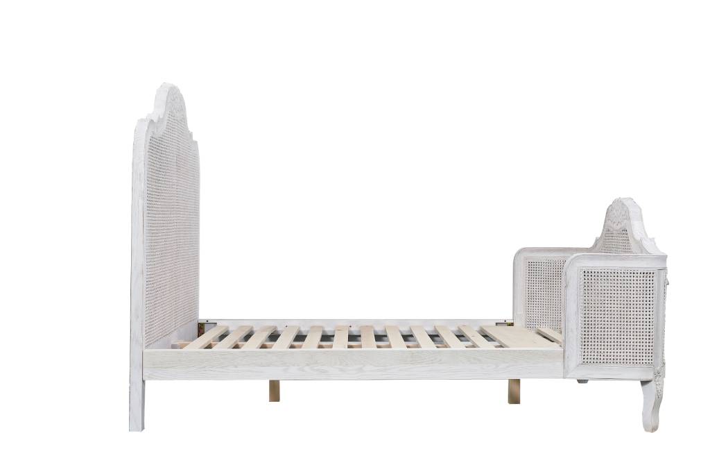 CLARENCE VINTAGE HAND CARVED OAK QUEEN BED LIGHTLY DISTRESSED WHITE