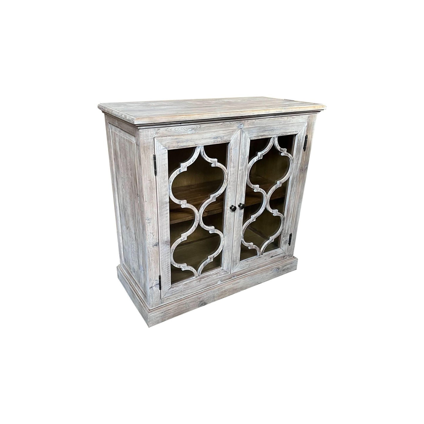 REINA GREYWASHED RECYCLED TIMBER/GLASS PANELS 2-DOOR CABINET CUPBOARD