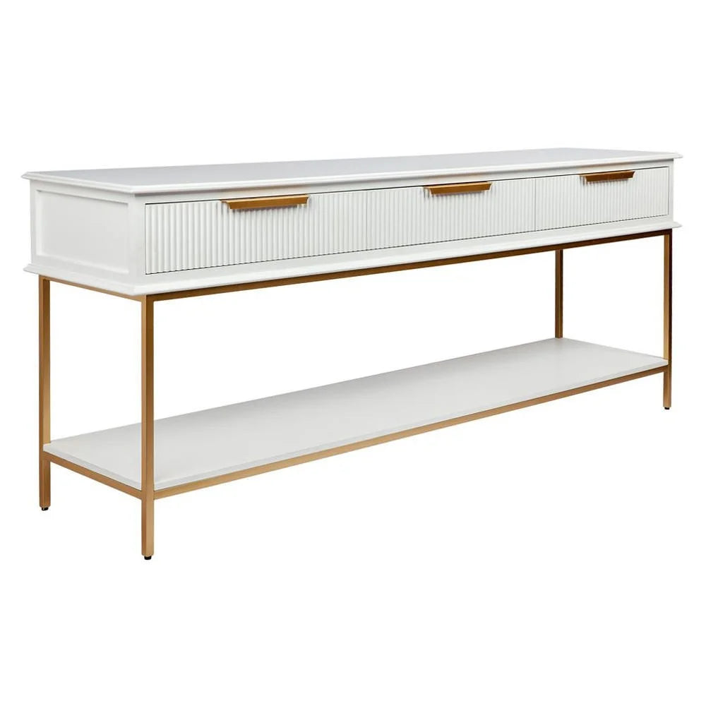 MORETTI 3-DRAWER CONSOLE TABLE/HALL TABLE SATIN WHITE  & GOLD LARGE