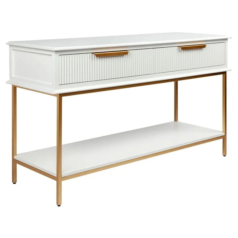 MORETTI 2-DRAWER CONSOLE TABLE/HALL TABLE SATIN WHITE  & GOLD SMALL