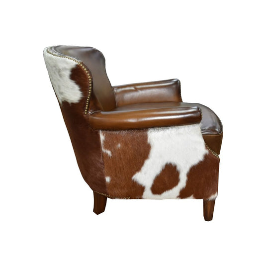 NAPIER GENUINE TOP GRAIN LEATHER ARMCHAIR EASY CHAIR LOUNGE CHAIR LATTE COLOURED LEATHER WITH BROWN & WHITE HAIR ON HIDE