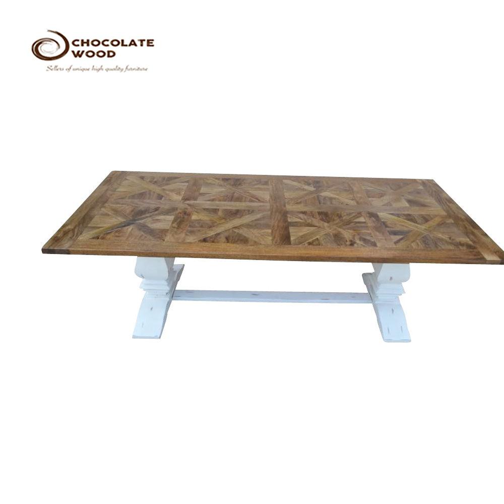 KENSIT HAMPTON RECYCLED ELM DINING TABLE IN 2 TONE FINISH PARQUETRY TOP 245CM + 8 MELROSE CROSS BACK DINING CHAIRS- WHITE - MyChocolateWood