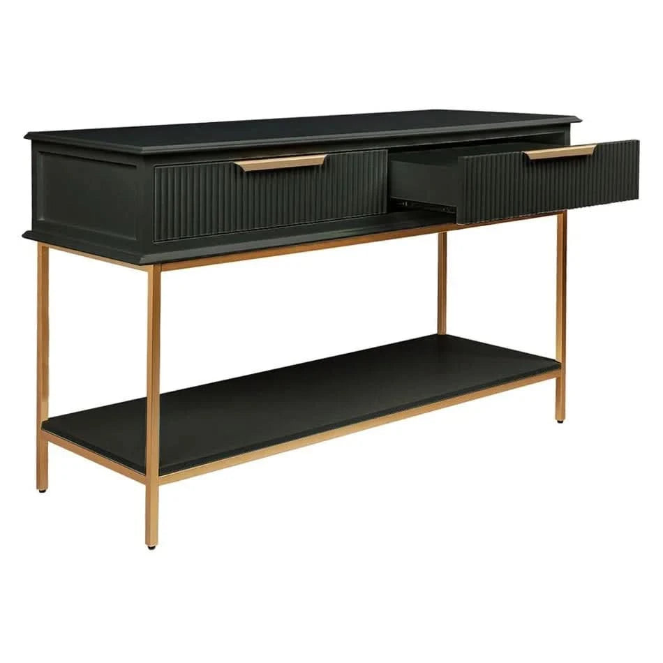 MORETTI 2-DRAWER CONSOLE TABLE/HALL TABLE SATIN BLACK  & GOLD SMALL