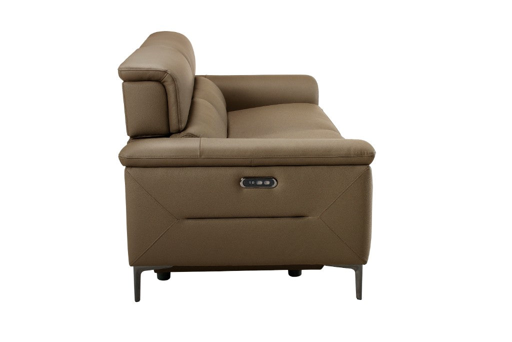 TARQUIN BROWN LEATHER 3-SEATER DUAL MOTOR ELECTRIC RECLINER SOFA W/POWERED HEADREST