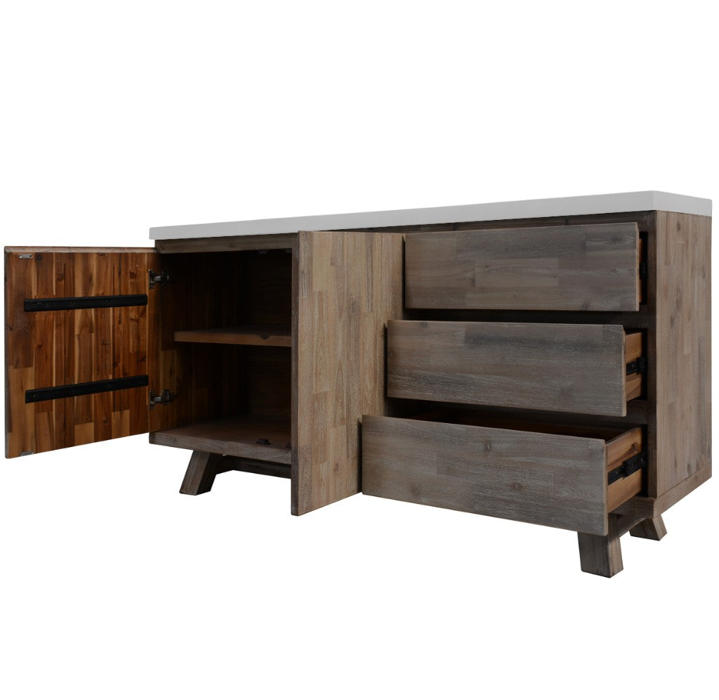 ROSALI 2-TONE WHITE CONCRETE TOP & SOLID ACACIA PEWTER BUFFET SIDEBOARD 3 DRAWERS 2 DOORS