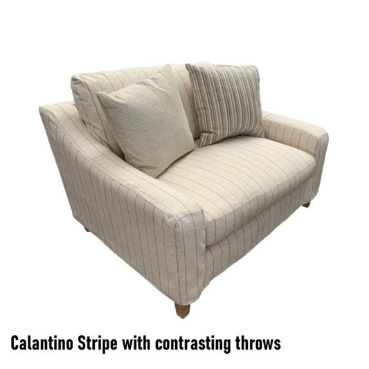 SERVINI FABRIC 1.5 SEATER LOUNGE SOFA CALANTINO STRIPE WITH CONTRASTING THROWS