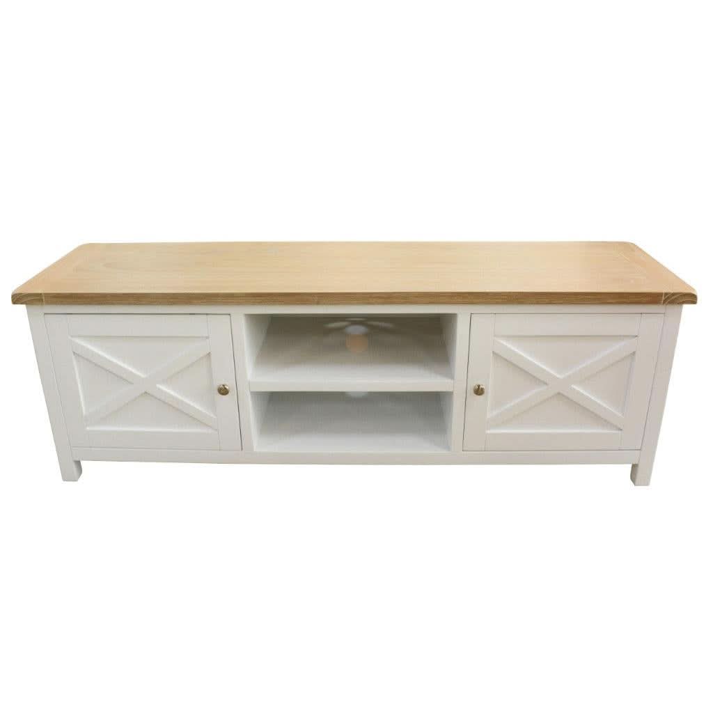 CHRISTA HAMPTON SOLID ACACIA 2-DOOR 2 NICHE TV UNIT LIGHT OAK TOP/WHITE BASE