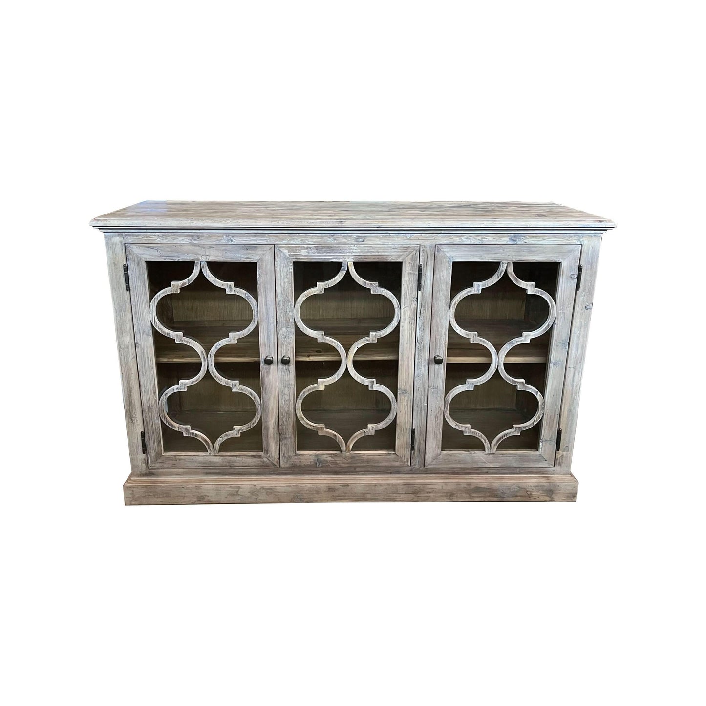 REINA GREYWASHED RECYCLED TIMBER/GLASS 3-DOOR BUFFET/SIDEBOARD