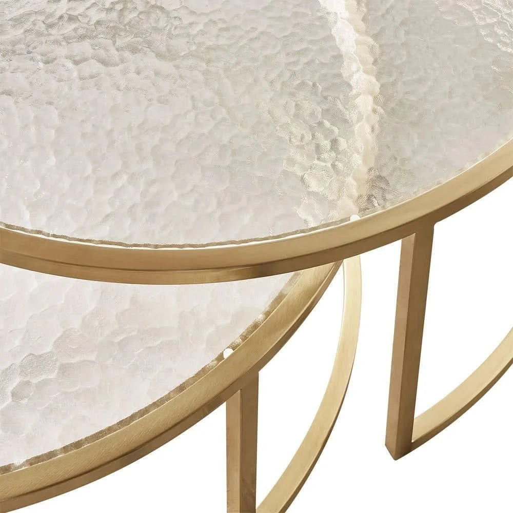 CLAUDIA SET OF 2 ROUND RIPPLED GLASS & GOLD NESTING COFFEE TABLES