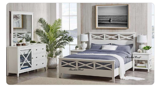 LUGANO HAMPTONS STYLE ACACIA 4 PIECE KING BEDROOM SUITE: 1 KING BED 1 DRESSER MIRROR  2 BEDSIDE TABLES